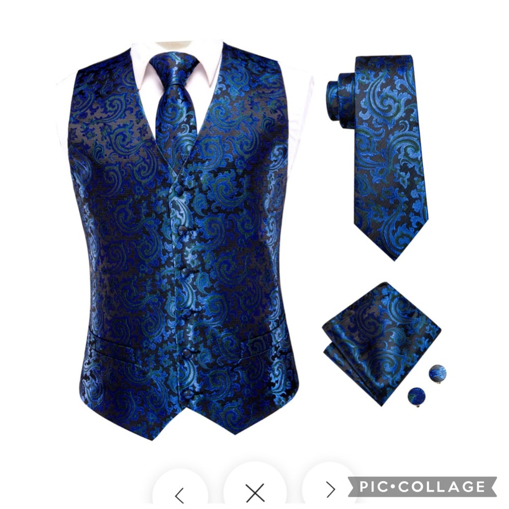 NWT Hi-Tie Men’s M Blue Paisley Vest Tie Pocket Square Cufflinks Set